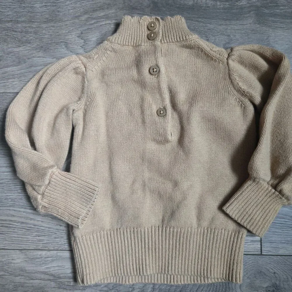 Janie and Jack Sweater 6-12M Tan Beige Cable Knit Floral Rose Mock Neck Puff Slv